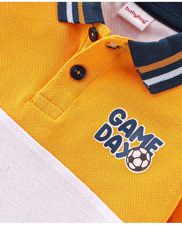 Babyhug 100% Cotton Knit Half Sleeves Polo T-Shirt Cut & Sew Design with Text Graphics - Yellow White & Blue