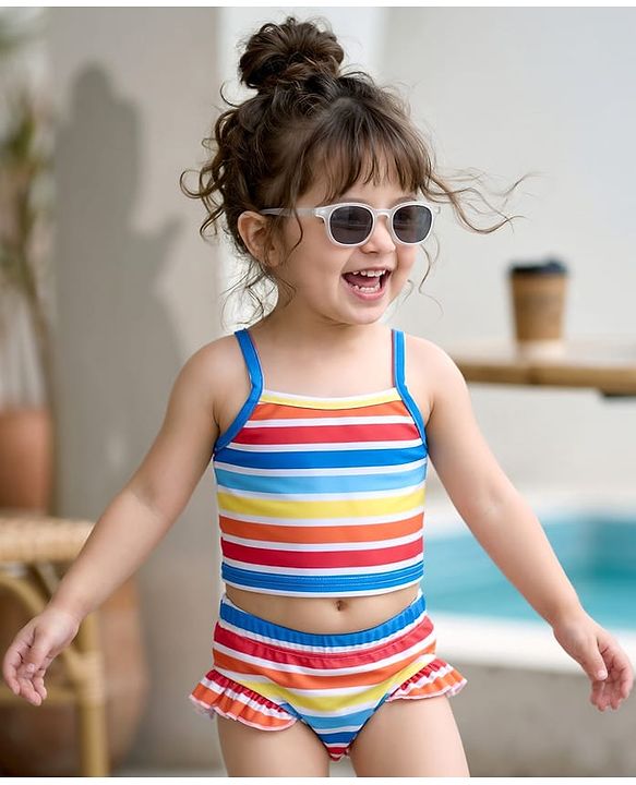 Babyhug Sleeveless Two Piece Striped Swimsuit - Multicolour