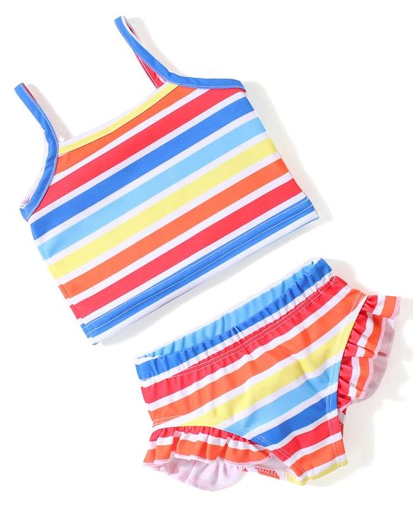 Babyhug Sleeveless Two Piece Striped Swimsuit - Multicolour
