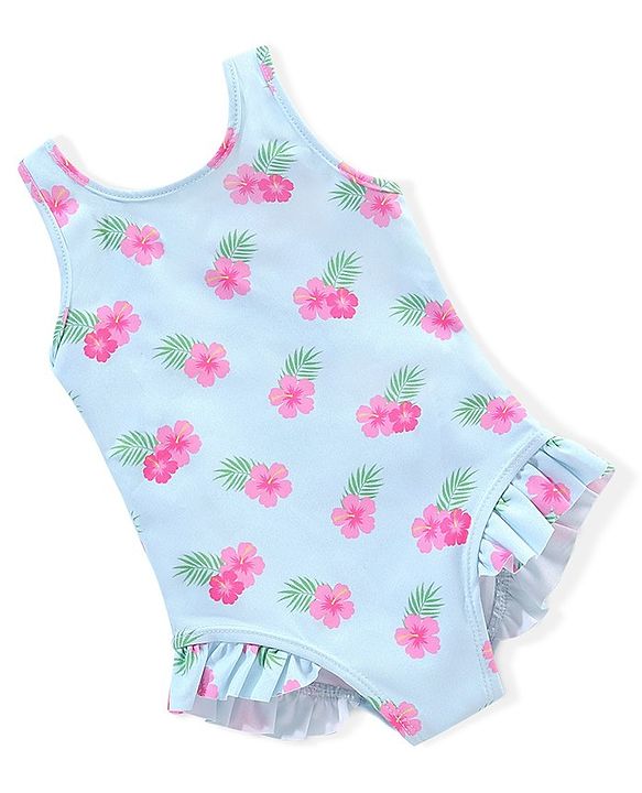 Babyhug Sleeveless V Cut Swimsuit Frill Design & Floral Print - Blue