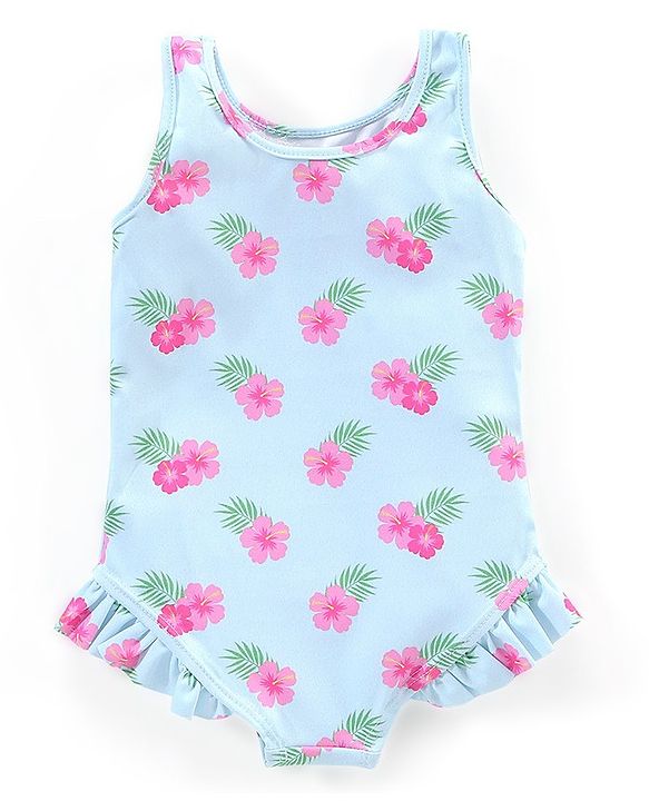 Babyhug Sleeveless V Cut Swimsuit Frill Design & Floral Print - Blue