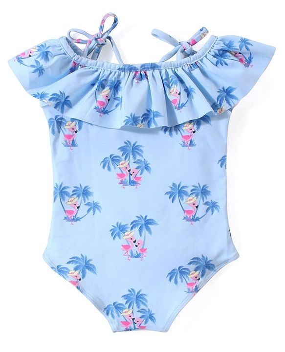 Babyhug Sleeveless V Cut Swimsuit Flamingo Print - Blue