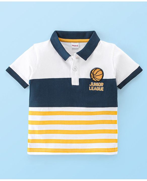 Babyhug Cotton Half Sleeves Striped Polo T-Shirt With Baskketball Applique - Multicolor