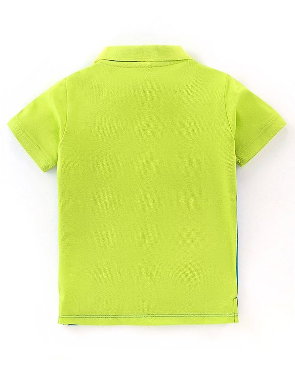 Babyhug 100% Cotton Knit Half Sleeves Cut and Sew Pattern Polo T-Shirt with Embroidery Detailing - Blue & Green