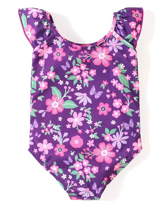 Babyhug Flutter Sleeves V Cut Swimsuit Floral Print - Purple