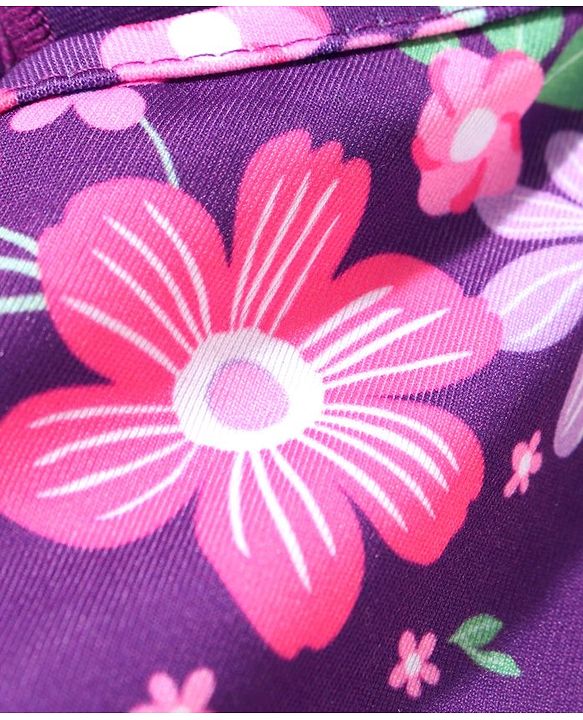 Babyhug Flutter Sleeves V Cut Swimsuit Floral Print - Purple