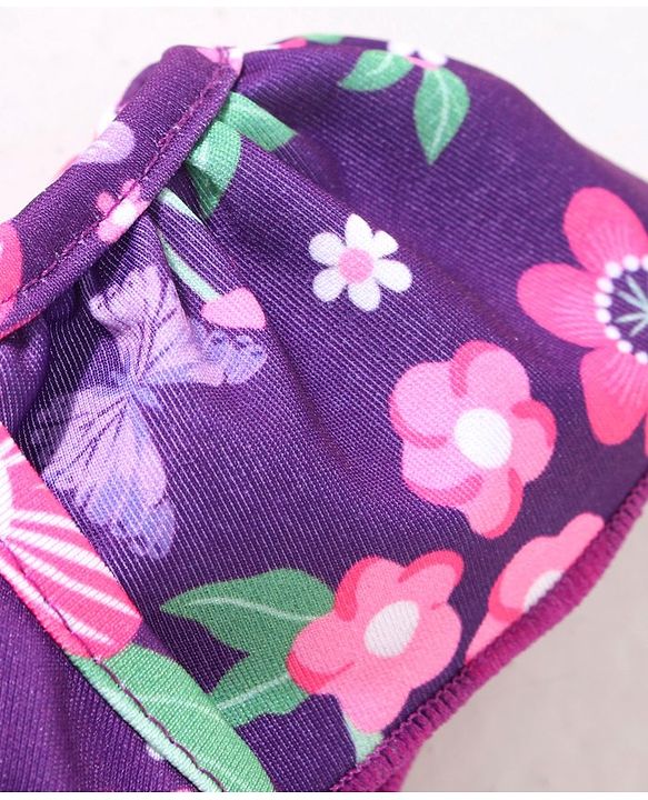 Babyhug Flutter Sleeves V Cut Swimsuit Floral Print - Purple