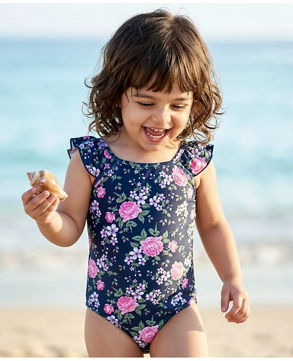 Babyhug Sleeveless V Cut Swimsuit Floral Print - Navy Blue