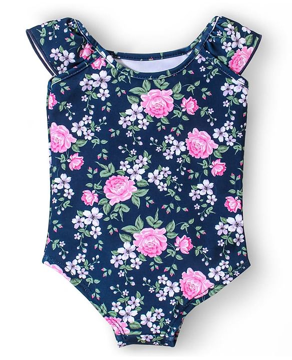 Babyhug Sleeveless V Cut Swimsuit Floral Print - Navy Blue