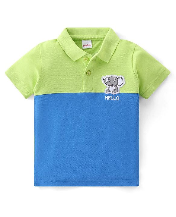 Babyhug Cotton Half Sleeves Polo T-Shirt With Elephant Applique - Lime & Blue
