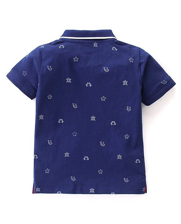 Babyhug 100% Cotton Knit Half Sleeves Polo T-Shirt Crab Print - Blue