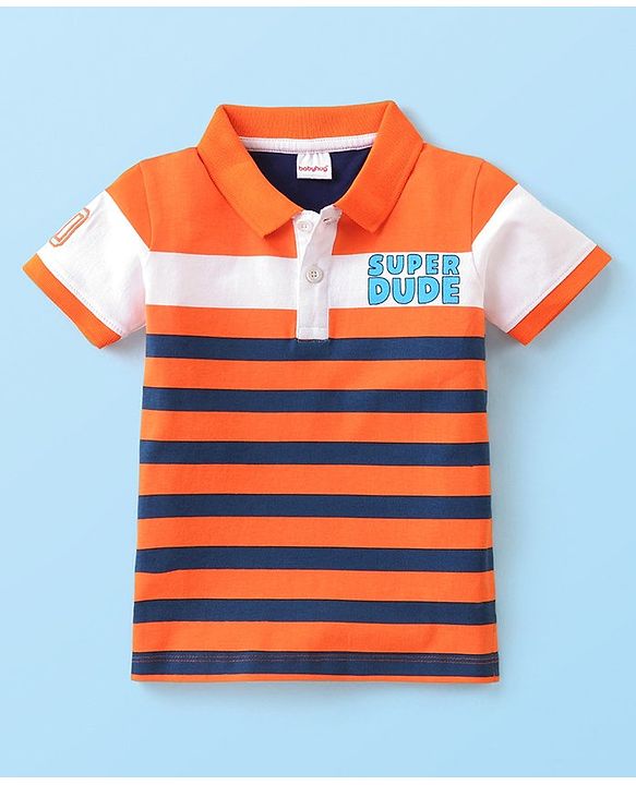 Babyhug Cotton Knit  Half Sleeves Striped  Polo T-Shirt  with Text Graphics & Applique Detailing - Orange