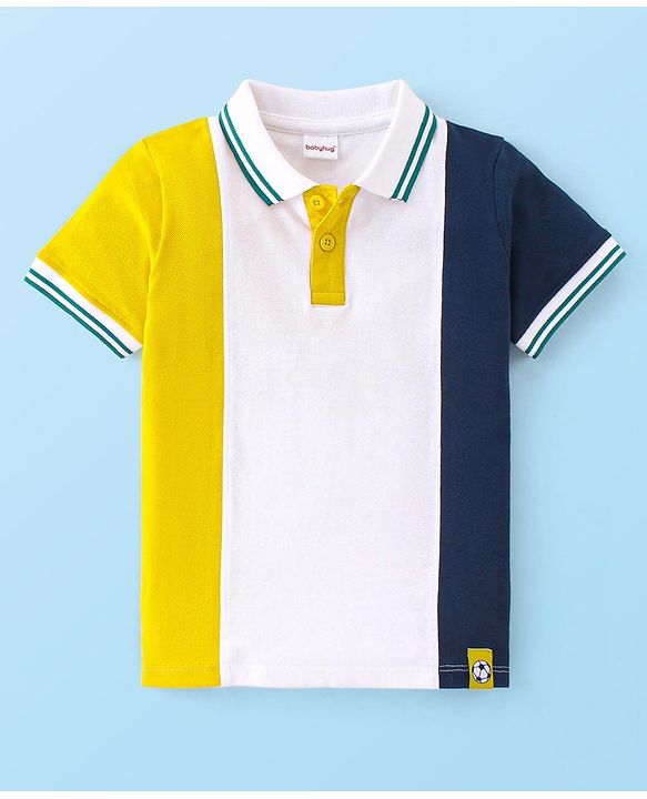 Babyhug 100% Cotton Knit Half Sleeves Polo T-Shirt Cut & Sew Design - Yellow White & Navy Blue