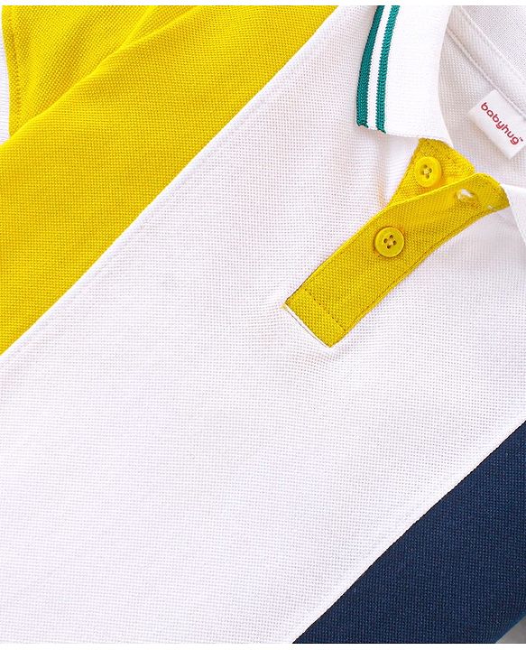 Babyhug 100% Cotton Knit Half Sleeves Polo T-Shirt Cut & Sew Design - Yellow White & Navy Blue
