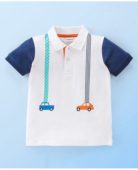 Babyhug Cotton Knit  Half Sleeves Polo T-Shirt with Car Graphics - White