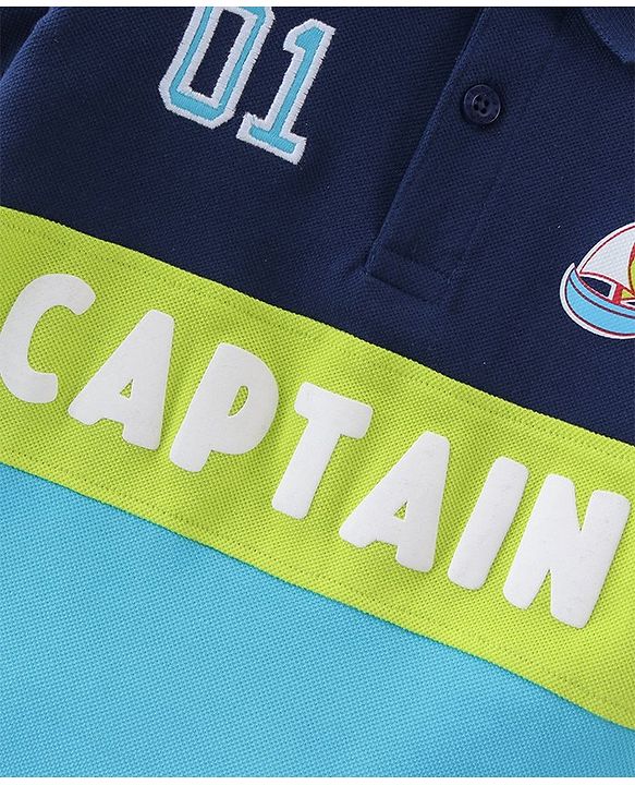 Babyhug Cotton Half Sleeves Polo T-Shirt With Boat Graphics & Applique Detailing - Blue