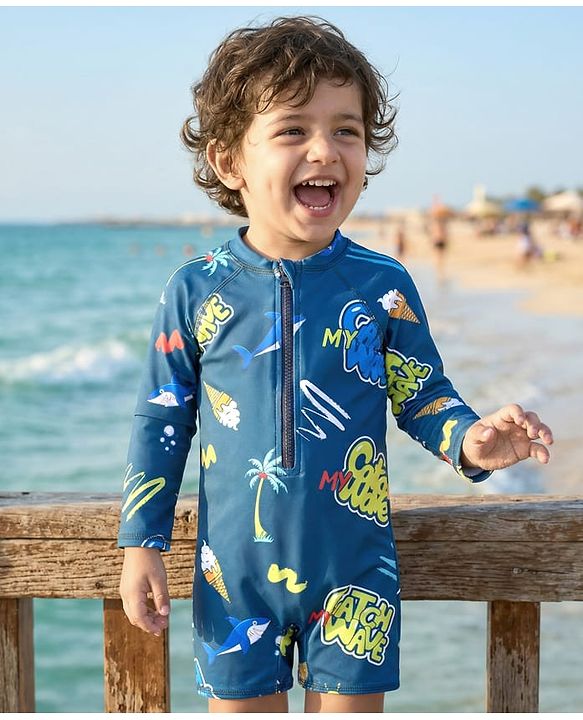 Babyhug Full Sleeves Legged Swimsuit with Text & Ice Cream Print -  Blue