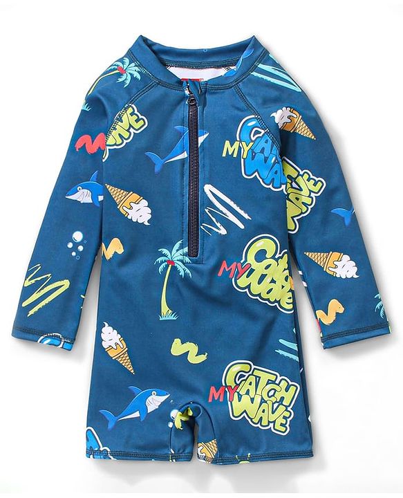Babyhug Full Sleeves Legged Swimsuit with Text & Ice Cream Print -  Blue
