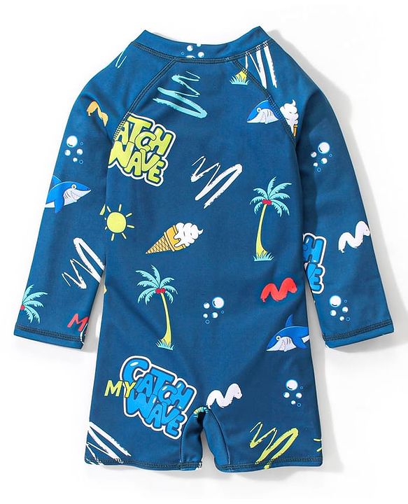 Babyhug Full Sleeves Legged Swimsuit with Text & Ice Cream Print -  Blue