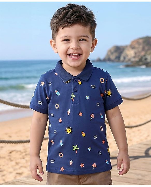 Babyhug Cotton Knit Half Sleeves Beach Theme Printed Polo T-Shirt - Navy Blue