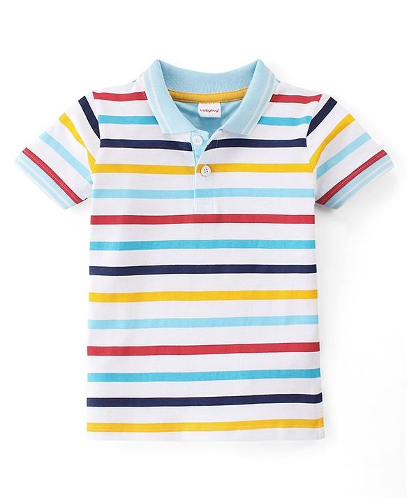 Babyhug Cotton Knit Half Sleeves Striped Polo T-Shirt - Blue