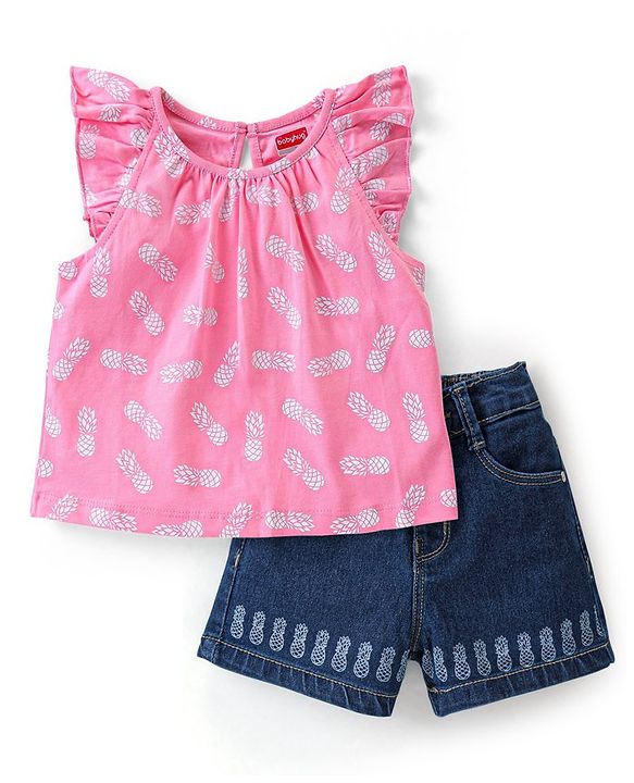 Babyhug 100% Cotton Knit Sleeveless Top & Denim Shorts With Pineapple Print - Pink & Blue