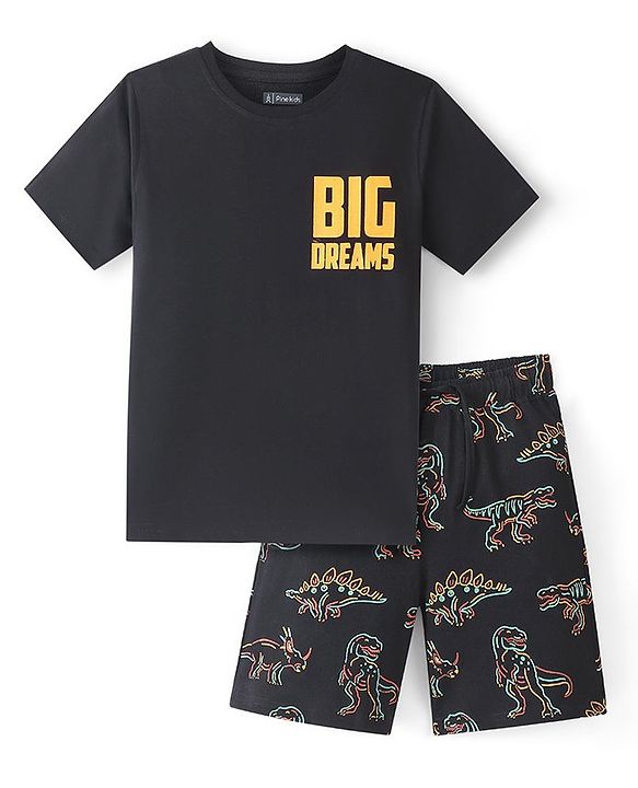 Pine Kids 100% Cotton Knit Half Sleeves Night Suit With Text & Dino Print - Black