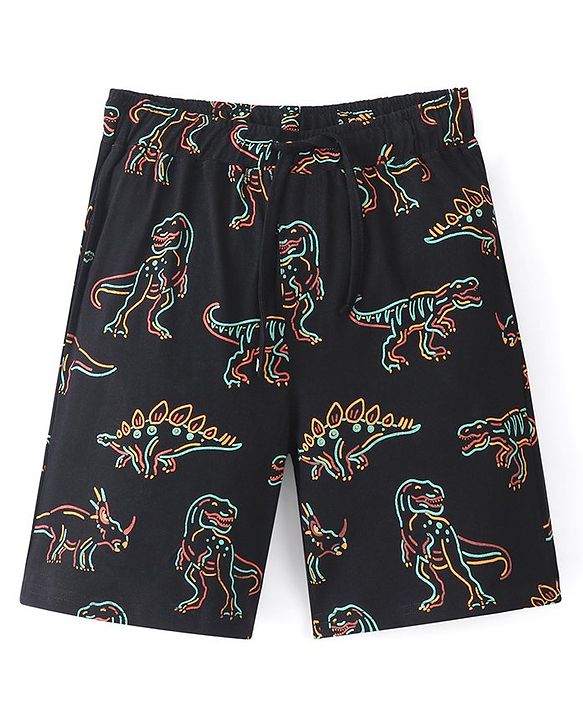 Pine Kids 100% Cotton Knit Half Sleeves Night Suit With Text & Dino Print - Black