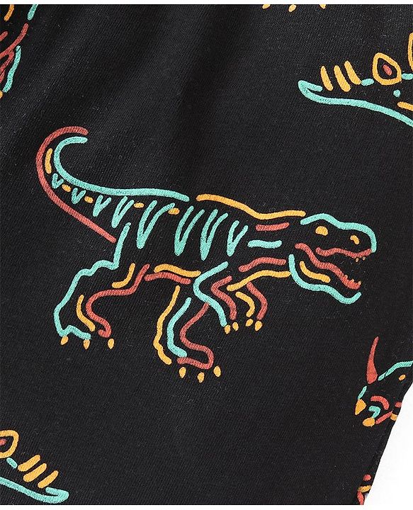 Pine Kids 100% Cotton Knit Half Sleeves Night Suit With Text & Dino Print - Black