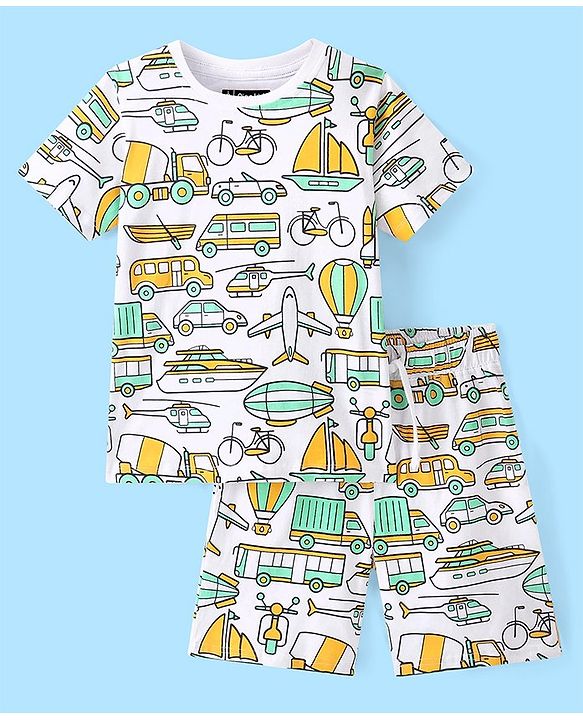 Pine Kids 100% Cotton Knit Single Jersey Half Sleeves Night Suit With Vehicles Print - White & Green