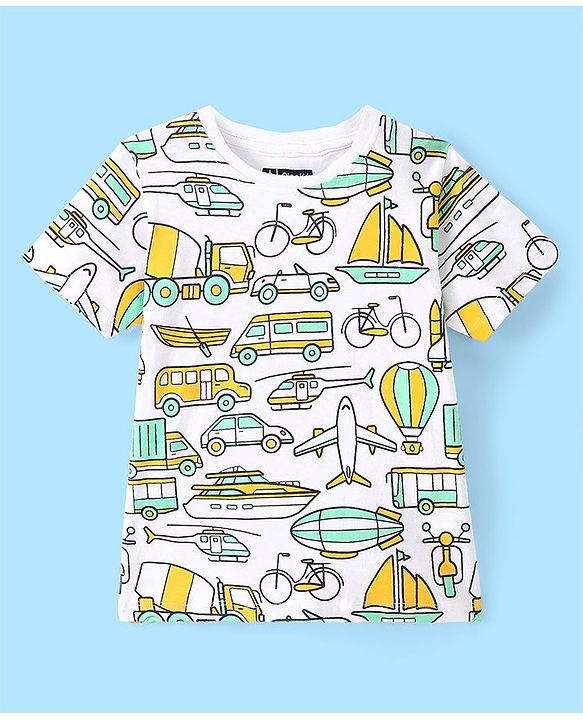 Pine Kids 100% Cotton Knit Single Jersey Half Sleeves Night Suit With Vehicles Print - White & Green