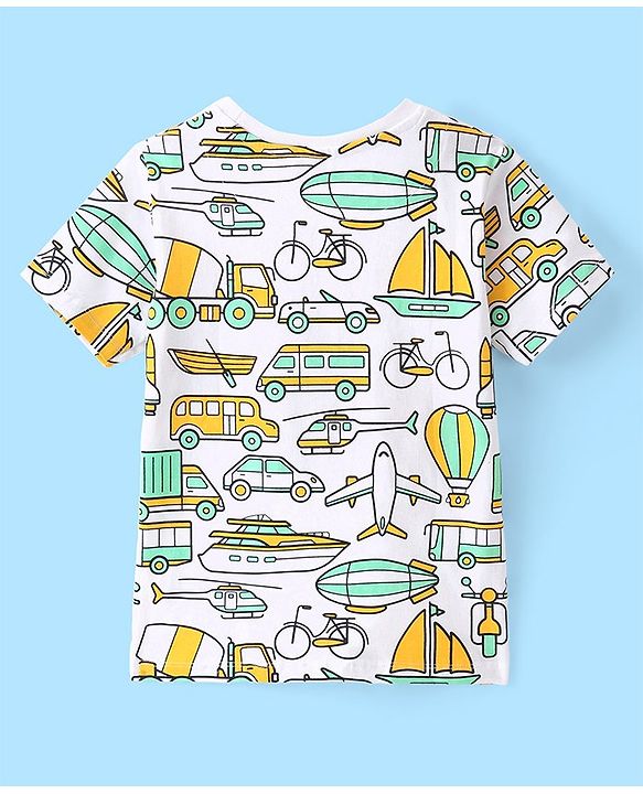 Pine Kids 100% Cotton Knit Single Jersey Half Sleeves Night Suit With Vehicles Print - White & Green