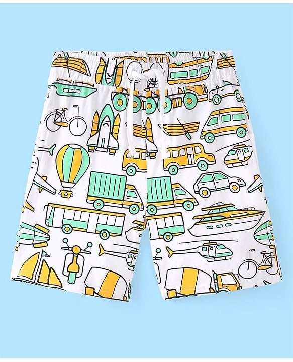 Pine Kids 100% Cotton Knit Single Jersey Half Sleeves Night Suit With Vehicles Print - White & Green