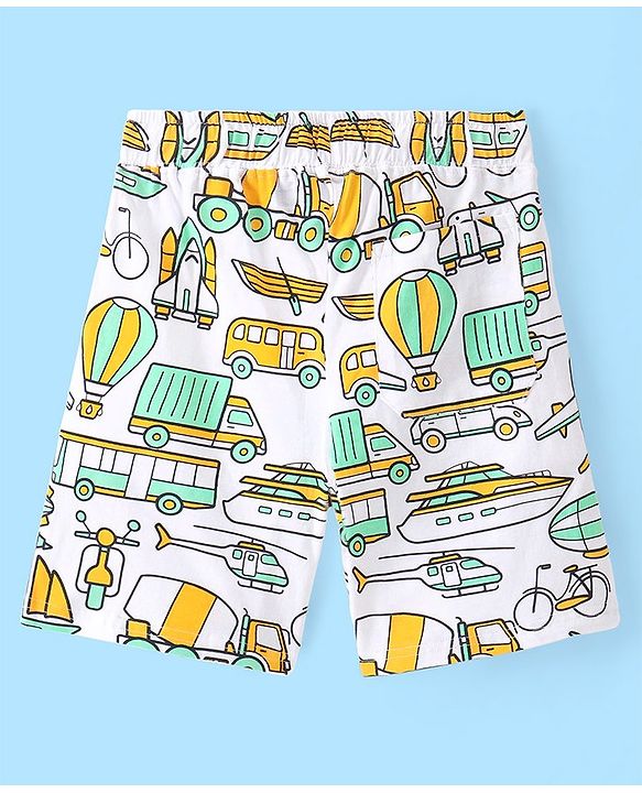 Pine Kids 100% Cotton Knit Single Jersey Half Sleeves Night Suit With Vehicles Print - White & Green