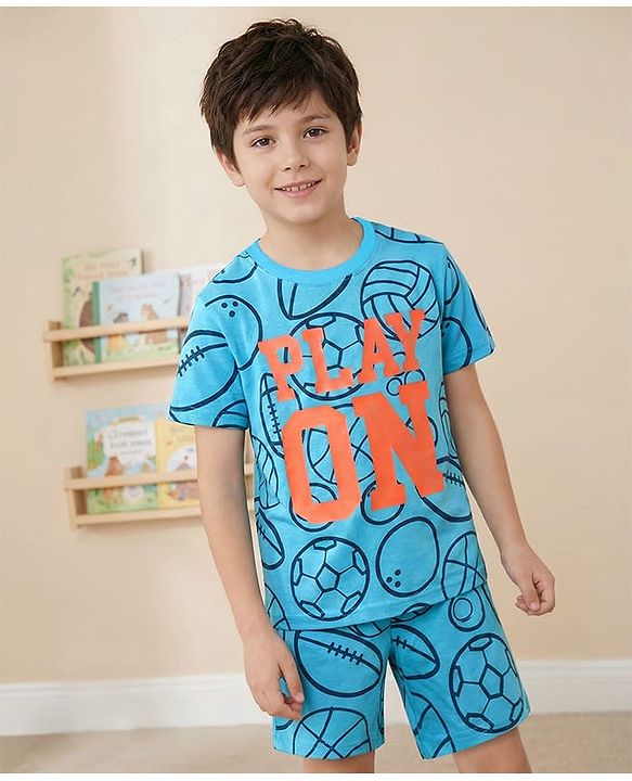 Pine Kids Single Jersey Knit Half Sleeves Text & Ball Printed Night Suit - Light Blue