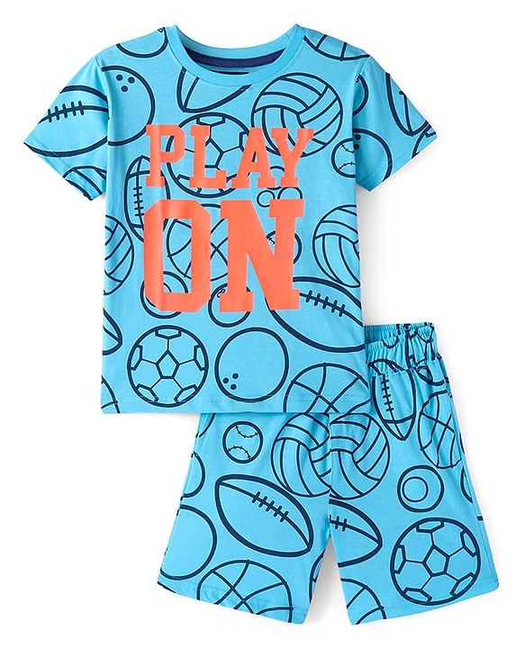 Pine Kids Single Jersey Knit Half Sleeves Text & Ball Printed Night Suit - Light Blue