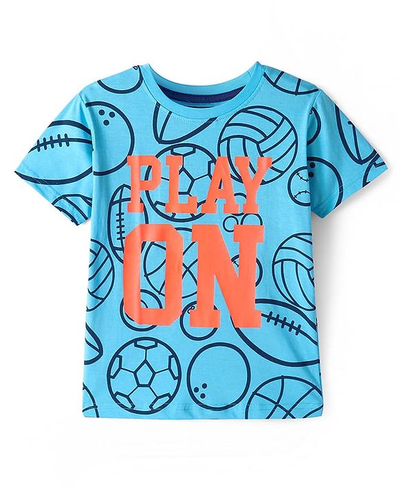 Pine Kids Single Jersey Knit Half Sleeves Text & Ball Printed Night Suit - Light Blue