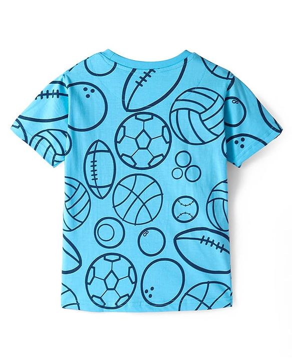 Pine Kids Single Jersey Knit Half Sleeves Text & Ball Printed Night Suit - Light Blue