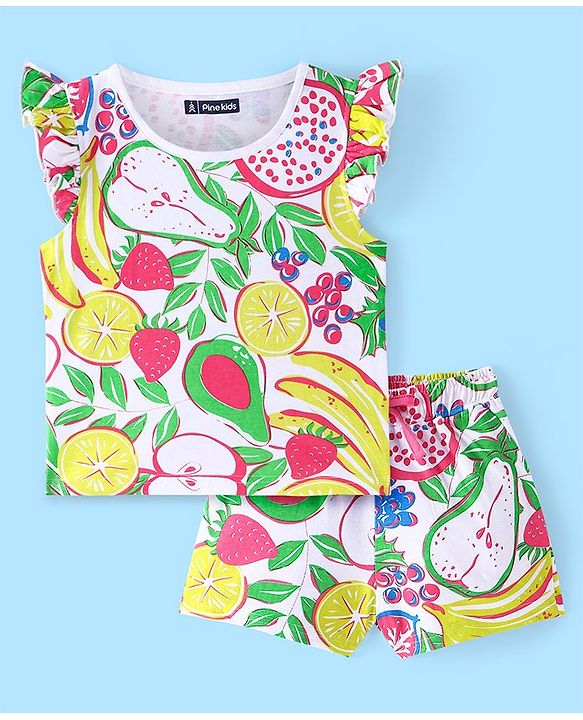 Pine Kids Cotton Knit Frill Sleeves Night Suit With Fruits Print - Multicolor