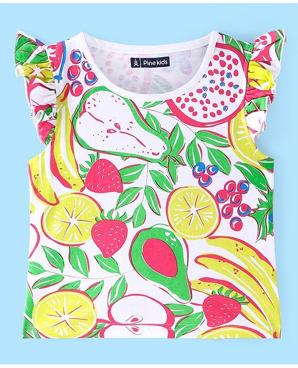Pine Kids Cotton Knit Frill Sleeves Night Suit With Fruits Print - Multicolor