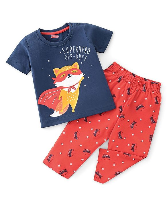 Babyhug Single Jersey Knit Half Sleeves Night Suit With Kitty Superhero Print - Navy Blue & Red