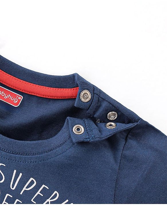 Babyhug Single Jersey Knit Half Sleeves Night Suit With Kitty Superhero Print - Navy Blue & Red