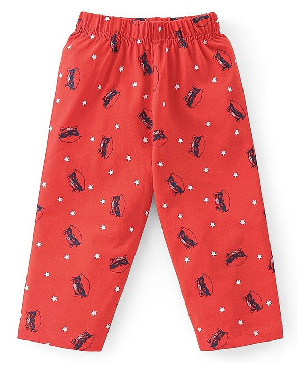 Babyhug Single Jersey Knit Half Sleeves Night Suit With Kitty Superhero Print - Navy Blue & Red