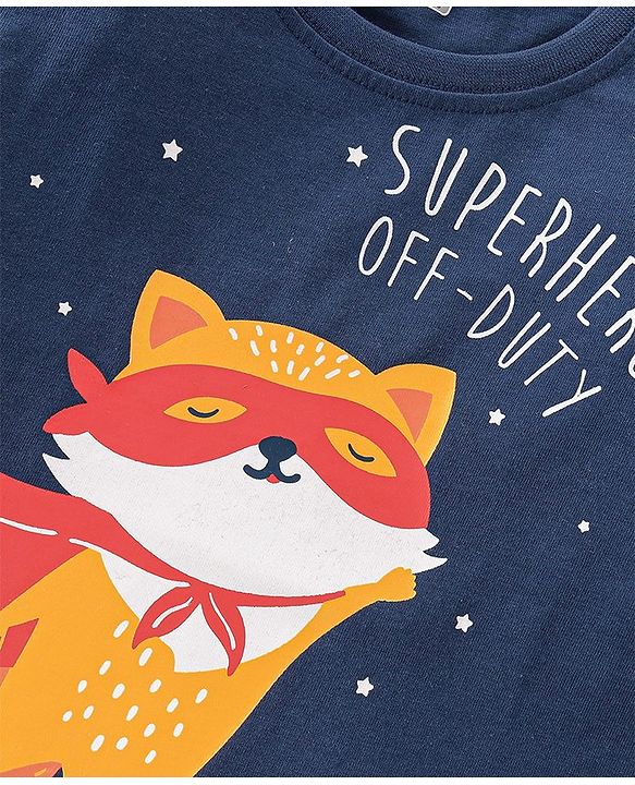 Babyhug Single Jersey Knit Half Sleeves Night Suit With Kitty Superhero Print - Navy Blue & Red