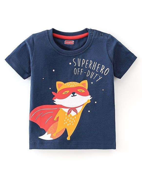 Babyhug Single Jersey Knit Half Sleeves Night Suit With Kitty Superhero Print - Navy Blue & Red