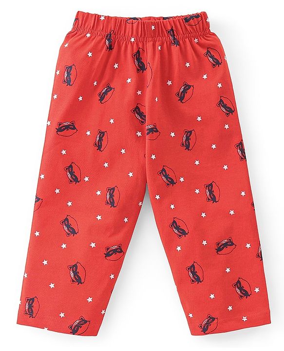 Babyhug Single Jersey Knit Half Sleeves Night Suit With Kitty Superhero Print - Navy Blue & Red