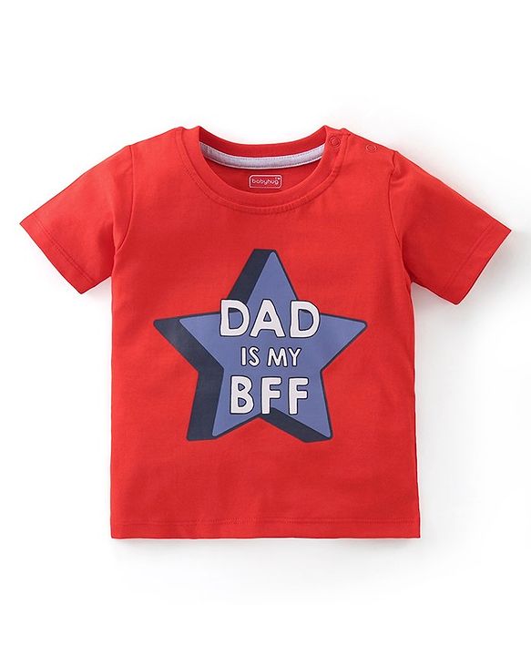 Babyhug Single Jersey Knit Half Sleeves Night Suit With Star & Text Print - Red & Grey