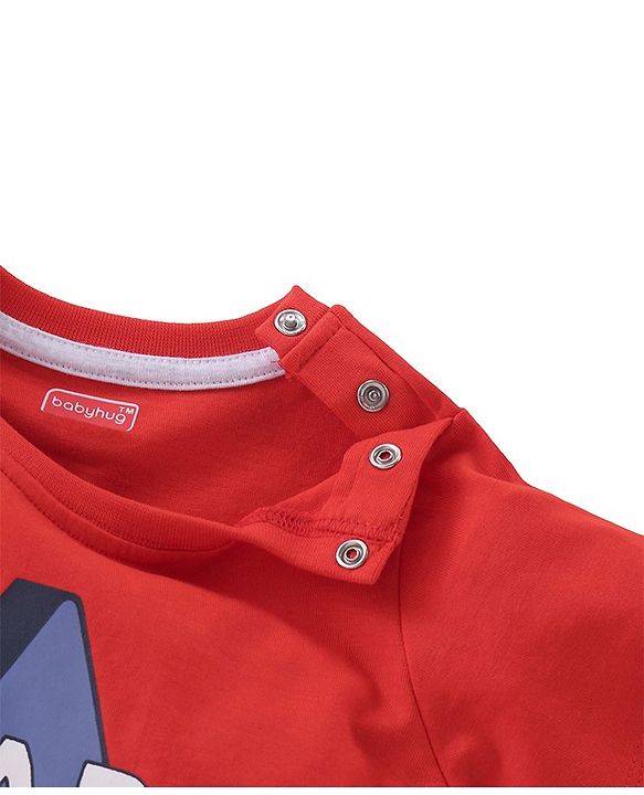 Babyhug Single Jersey Knit Half Sleeves Night Suit With Star & Text Print - Red & Grey