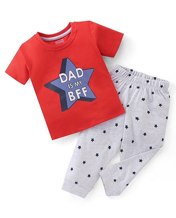 Babyhug Single Jersey Knit Half Sleeves Night Suit With Star & Text Print - Red & Grey