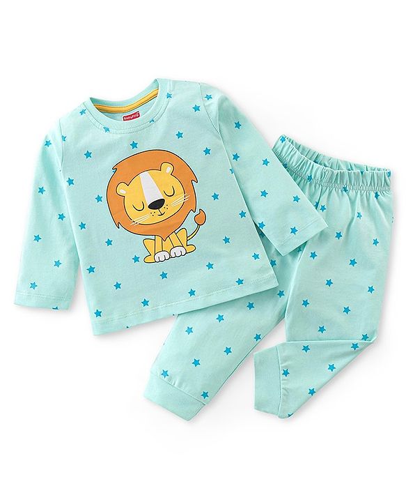 Babyhug Single Jersey Knit  Half Sleeves Night Suit with Lion Print - Blue